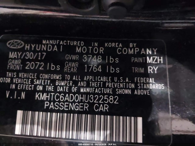 2017 Hyundai Veloster მანქანა იყიდება აუქციონზე, vin: KMHTC6AD0HU322582, აუქციონის ნომერი: 45895715