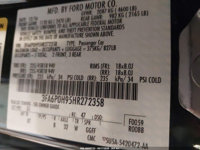 Продажа на аукционе авто 2017 Ford Fusion Se, vin: 3FA6P0H95HR272358, номер лота: 45895723