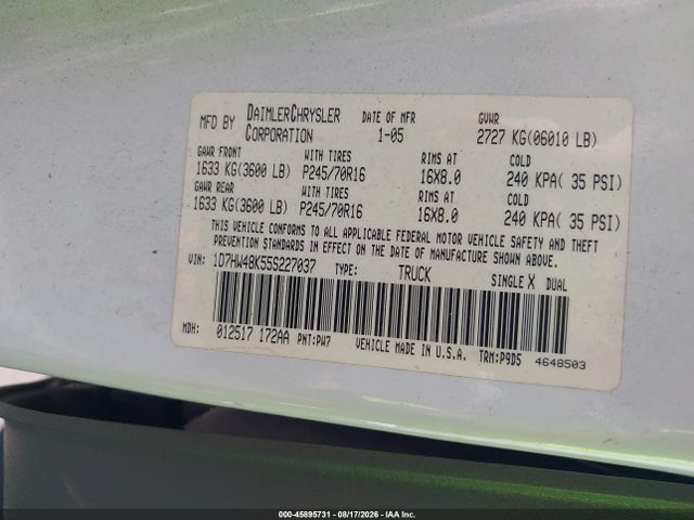 2005 Dodge Dakota Slt მანქანა იყიდება აუქციონზე, vin: 1D7HW48K55S227037, აუქციონის ნომერი: 45895731