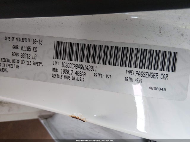 Aukcja sprzedaży 2016 Chrysler 200 Limited, vin: 1C3CCCAB4GN142911, numer aukcji: 45895739
