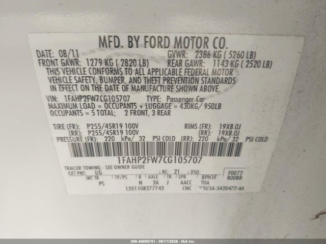 45895751 :رقم المزاد ، 1FAHP2FW7CG105707 vin ، 2012 Ford Taurus Limited مزاد بيع