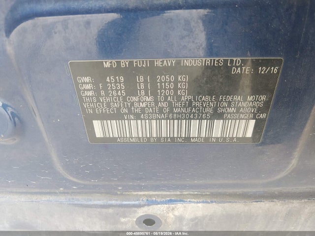 Subaru Legacy 2.5i Premium 2017 4S3BNAF68H3043765 Image 9