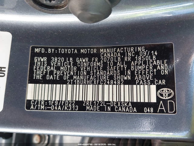 Aukcja sprzedaży 2015 Toyota Corolla S Plus, vin: 2T1BURHEXFC248482, numer aukcji: 45895768