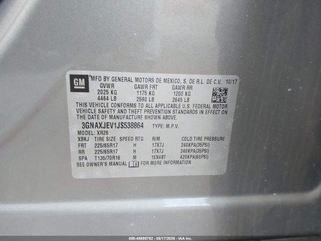 Aukcja sprzedaży 2018 Chevrolet Equinox Lt, vin: 3GNAXJEV1JS538864, numer aukcji: 45895792