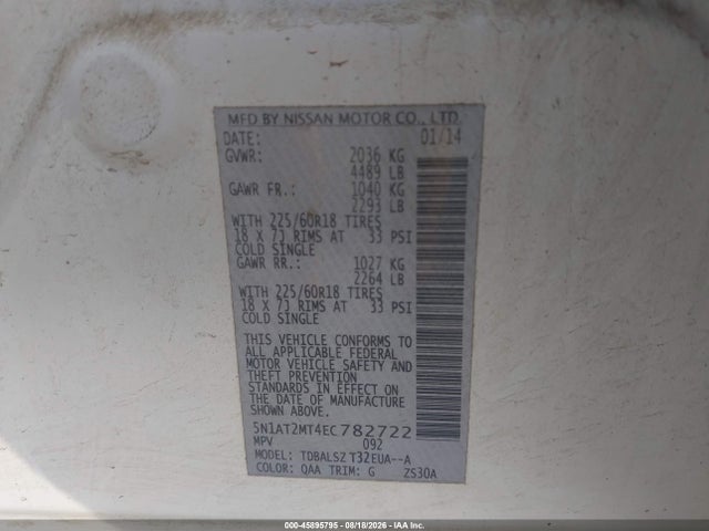 45895795 :رقم المزاد ، 5N1AT2MT4EC782722 vin ، 2014 Nissan Rogue Sl مزاد بيع
