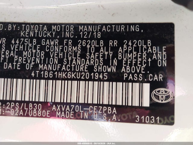 45895815 :رقم المزاد ، 4T1B61HK6KU201945 vin ، 2019 Toyota Camry Xse مزاد بيع