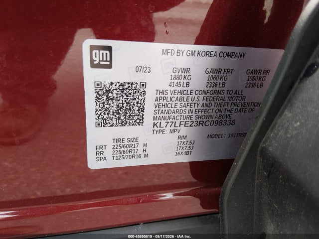 Aukcja sprzedaży 2024 Chevrolet Trax Fwd Sp, vin: KL77LFE23RC098338, numer aukcji: 45895819