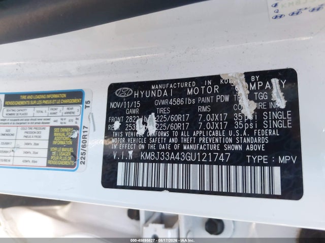 2016 Hyundai Tucson Se მანქანა იყიდება აუქციონზე, vin: KM8J33A43GU121747, აუქციონის ნომერი: 45895827