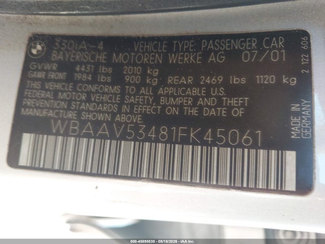 Продаж на аукціоні авто 2001 Bmw 330i, vin: WBAAV53481FK45061, номер лоту: 45895830