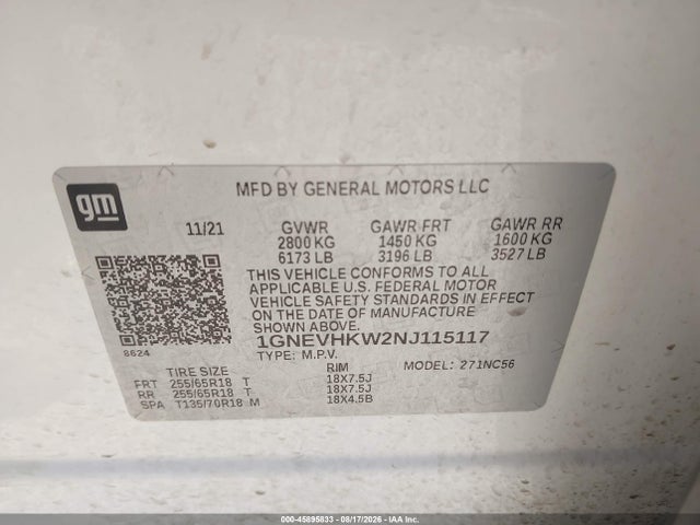 2022 Chevrolet Traverse Awd Lt Leather მანქანა იყიდება აუქციონზე, vin: 1GNEVHKW2NJ115117, აუქციონის ნომერი: 45895833