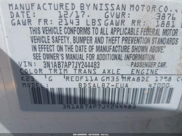 Продаж на аукціоні авто 2018 Nissan Sentra S, vin: 3N1AB7AP7JY244483, номер лоту: 45895850
