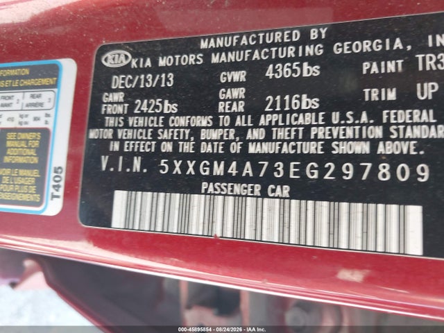 2014 Kia Optima Lx მანქანა იყიდება აუქციონზე, vin: 5XXGM4A73EG297809, აუქციონის ნომერი: 45895854