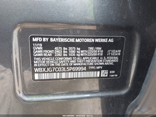 45895860 :رقم المزاد ، WBXJG7C03L5P69994 vin ، 2020 Bmw X1 Sdrive28i مزاد بيع