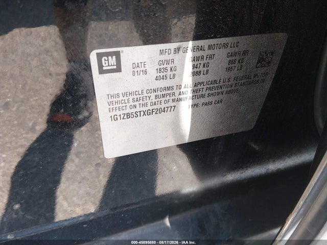 2016 Chevrolet Malibu Ls მანქანა იყიდება აუქციონზე, vin: 1G1ZB5STXGF204777, აუქციონის ნომერი: 45895880