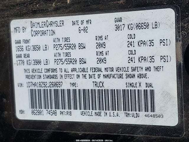 Aukcja sprzedaży 2002 Dodge Ram 1500 Slt/st, vin: 1D7HA18Z92J260697, numer aukcji: 45895884