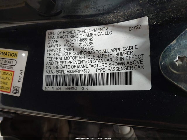 Aukcja sprzedaży 2022 Honda Civic Sport Touring, vin: 19XFL1H8XNE014519, numer aukcji: 45895894