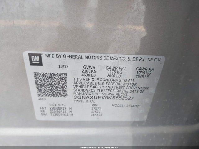 Aukcja sprzedaży 2019 Chevrolet Equinox Lt, vin: 3GNAXUEV5KS552527, numer aukcji: 45895903