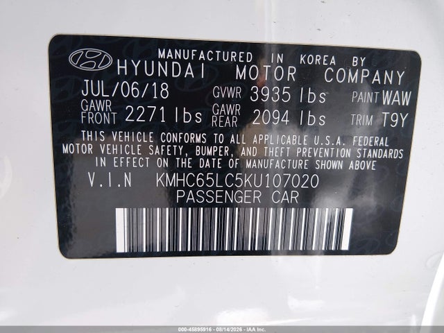 KMHC65LC5KU107020 Hyundai Ioniq Hybrid Blue