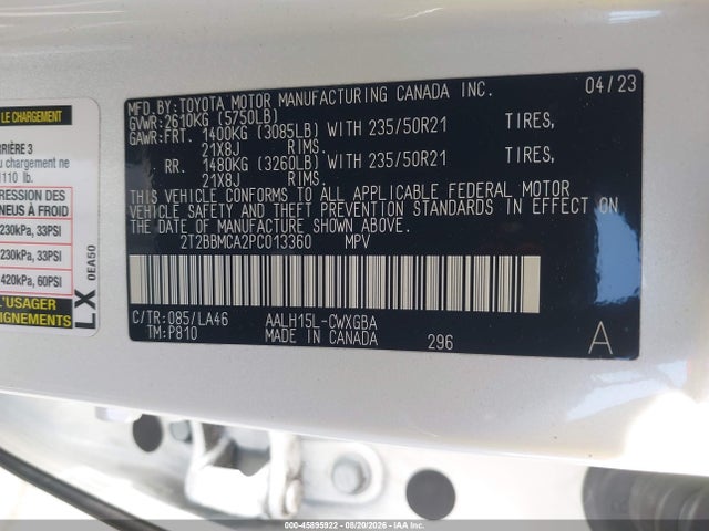 Aukcja sprzedaży 2023 Lexus Rx 350h Luxury, vin: 2T2BBMCA2PC013360, numer aukcji: 45895922