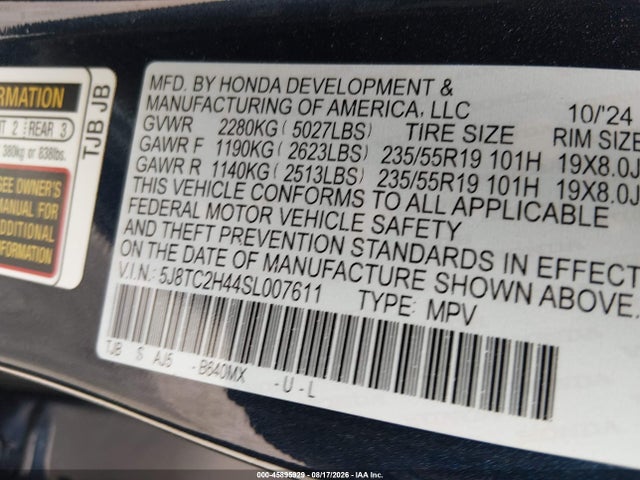 2025 Acura Rdx მანქანა იყიდება აუქციონზე, vin: 5J8TC2H44SL007611, აუქციონის ნომერი: 45895929