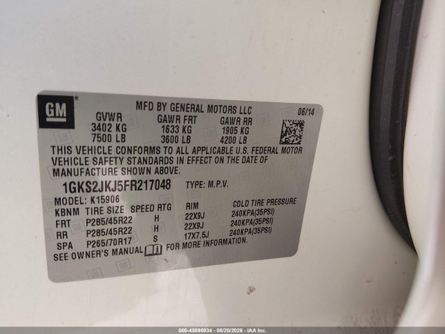Aukcja sprzedaży 2015 Gmc Yukon Xl 1500 Denali, vin: 1GKS2JKJ5FR217048, numer aukcji: 45895934