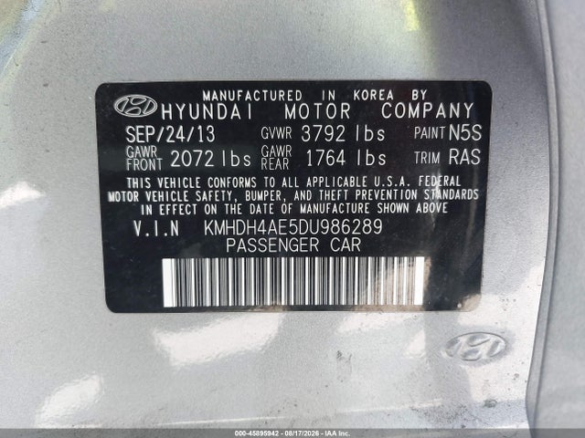 45895942 :رقم المزاد ، KMHDH4AE5DU986289 vin ، 2013 Hyundai Elantra Gls مزاد بيع