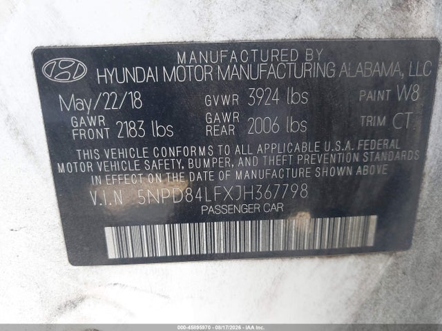 2018 Hyundai Elantra Sel მანქანა იყიდება აუქციონზე, vin: 5NPD84LFXJH367798, აუქციონის ნომერი: 45895970