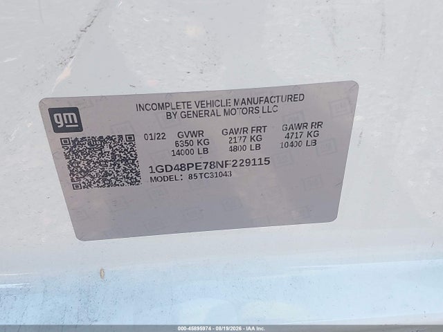 2022 Gmc Sierra 3500hd Chassis Pro მანქანა იყიდება აუქციონზე, vin: 1GD48PE78NF229115, აუქციონის ნომერი: 45895974