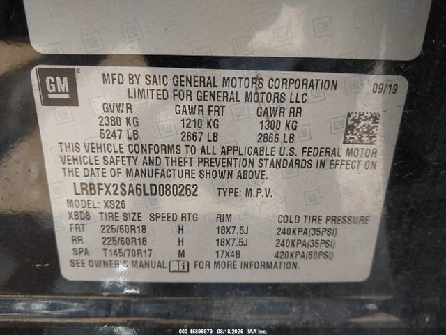 2020 Buick Envision Awd Essence მანქანა იყიდება აუქციონზე, vin: LRBFX2SA6LD080262, აუქციონის ნომერი: 45895979