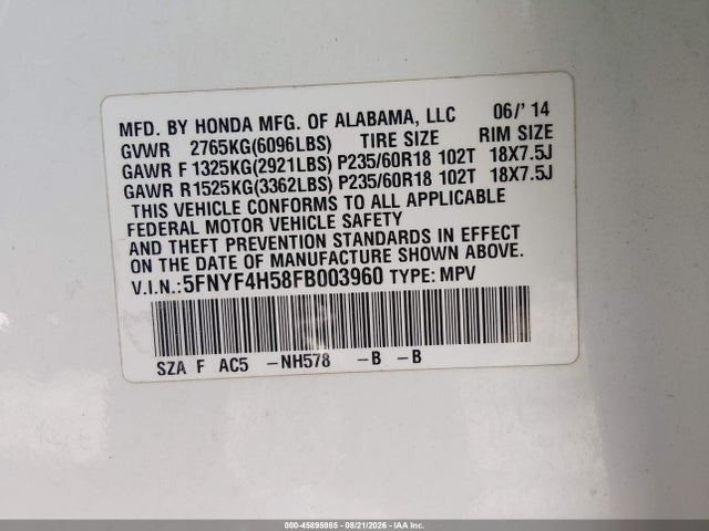 2015 Honda Pilot Ex-l მანქანა იყიდება აუქციონზე, vin: 5FNYF4H58FB003960, აუქციონის ნომერი: 45895985