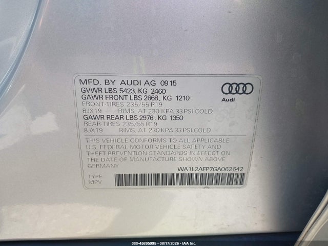 45895995 :رقم المزاد ، WA1L2AFP7GA062642 vin ، 2016 Audi Q5 2.0t Premium مزاد بيع