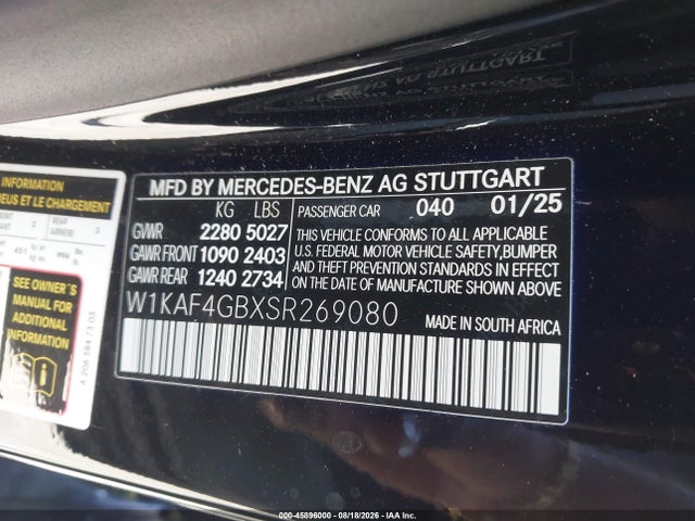 Продажа на аукционе авто 2025 Mercedes-benz C 300, vin: W1KAF4GBXSR269080, номер лота: 45896000