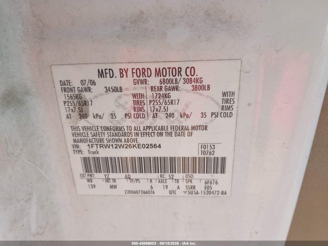 45896002 :رقم المزاد ، 1FTRW12W26KE02564 vin ، 2006 Ford F-150 Xlt مزاد بيع