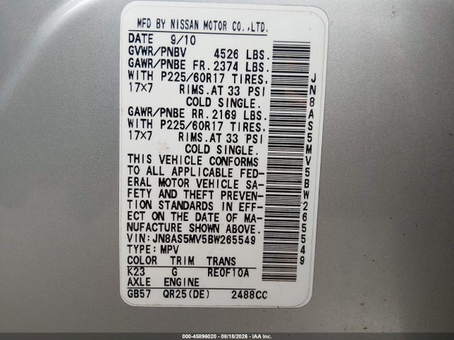 45896020 :رقم المزاد ، JN8AS5MV5BW265549 vin ، 2011 Nissan Rogue Sv مزاد بيع