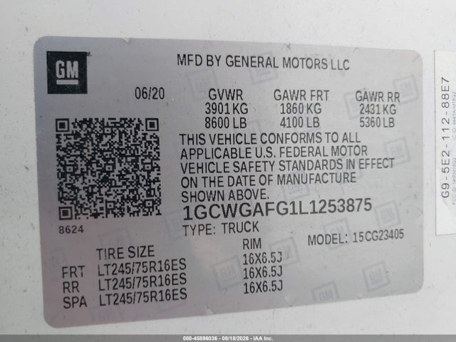 1GCWGAFG1L1253875 Chevrolet Express Cargo Rwd 2500 Regular Wheelbase Wt