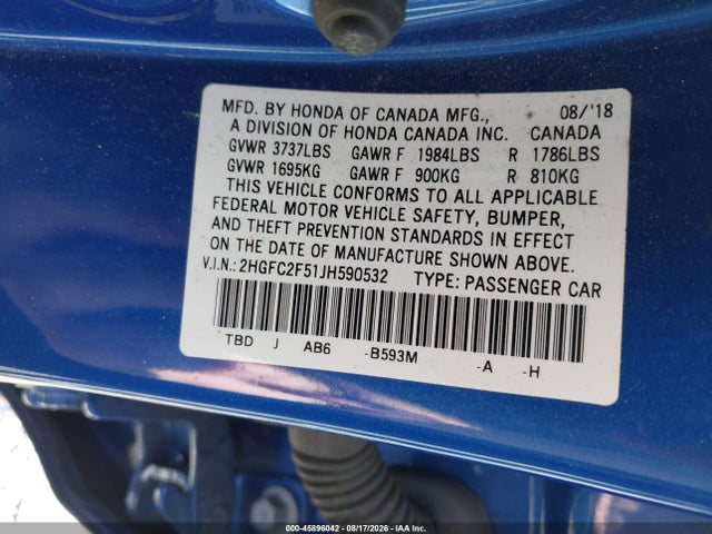 Aukcja sprzedaży 2018 Honda Civic Lx, vin: 2HGFC2F51JH590532, numer aukcji: 45896042
