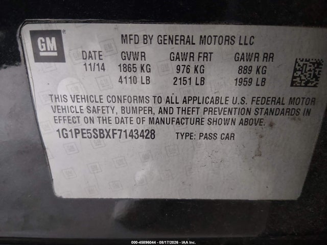 Aukcja sprzedaży 2015 Chevrolet Cruze 2lt Auto, vin: 1G1PE5SBXF7143428, numer aukcji: 45896044