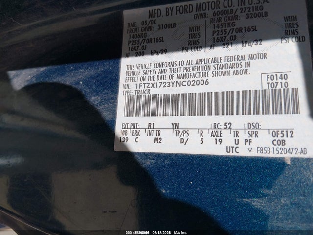 Продаж на аукціоні авто 2000 Ford F-150 Work Series/xl/xlt, vin: 1FTZX1723YNC02006, номер лоту: 45896066
