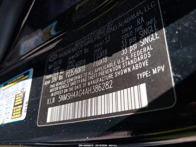 Продажа на аукционе авто 2010 Hyundai Santa Fe Se, vin: 5NMSH4AG4AH386282, номер лота: 45896079