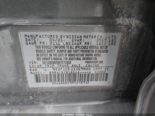 2021 Nissan Sentra S Xtronic Cvt მანქანა იყიდება აუქციონზე, vin: 3N1AB8BV9MY270932, აუქციონის ნომერი: 45896086