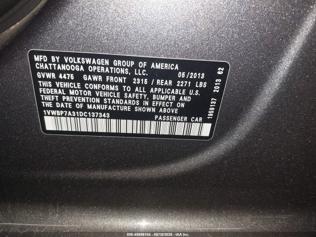 Aukcja sprzedaży 2013 Volkswagen Passat 2.5l Se, vin: 1VWBP7A31DC137343, numer aukcji: 45896104