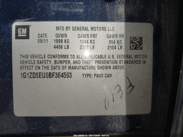 45896114 :رقم المزاد ، 1G1ZD5EU0BF364593 vin ، 2011 Chevrolet Malibu 2lt مزاد بيع