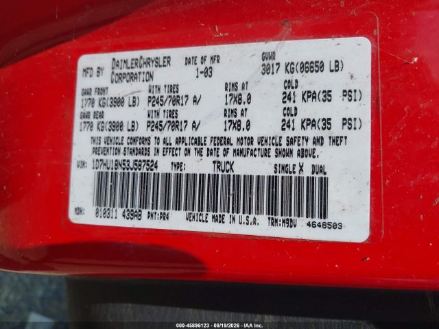 Продаж на аукціоні авто 2003 Dodge Ram 1500 Slt/laramie/st, vin: 1D7HU18N53J587524, номер лоту: 45896123
