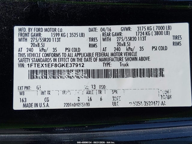 1FTEX1EF8GKE37912 Ford F-150 Xl