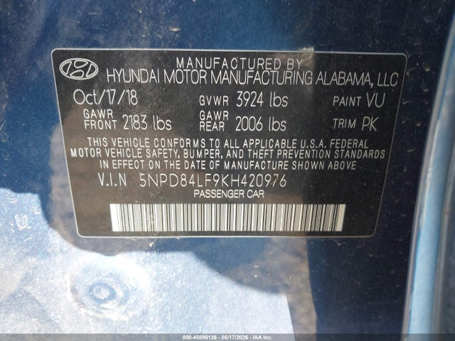 Aukcja sprzedaży 2019 Hyundai Elantra Sel, vin: 5NPD84LF9KH420976, numer aukcji: 45896136