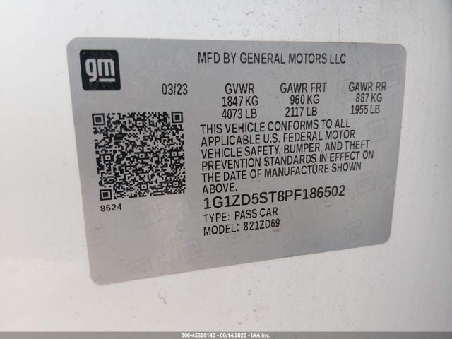 2023 Chevrolet Malibu Fwd 1lt მანქანა იყიდება აუქციონზე, vin: 1G1ZD5ST8PF186502, აუქციონის ნომერი: 45896140