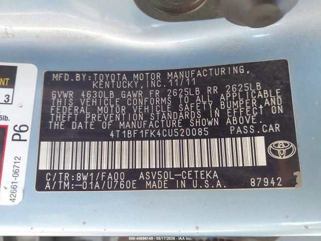 Продажа на аукционе авто 2012 Toyota Camry L, vin: 4T1BF1FK4CU520085, номер лота: 45896149