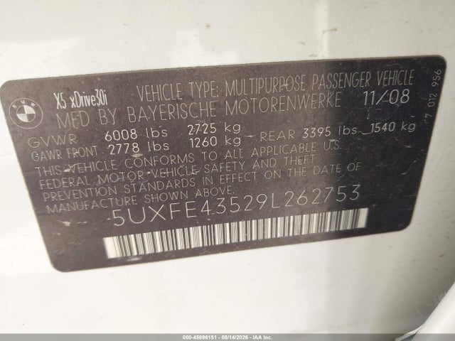 Продаж на аукціоні авто 2009 Bmw X5 Xdrive30i, vin: 5UXFE43529L262753, номер лоту: 45896151