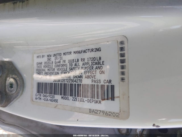 Продажа на аукционе авто 2002 Toyota Corolla S, vin: 1NXBR12E72Z564278, номер лота: 45896164