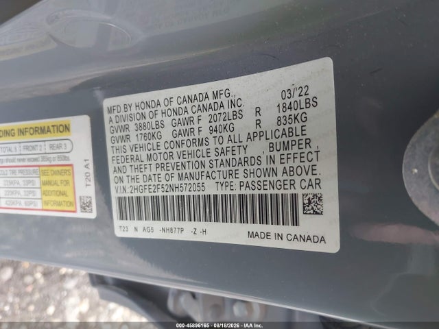 2022 Honda Civic Sport მანქანა იყიდება აუქციონზე, vin: 2HGFE2F52NH572055, აუქციონის ნომერი: 45896165